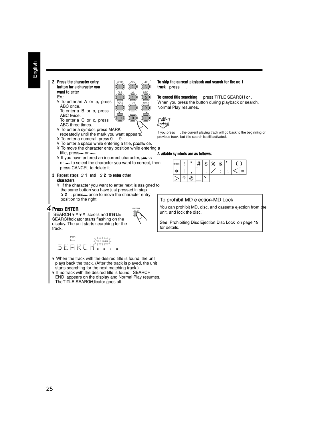 JVC GVT0104-002A Press Enter, To prohibit MD ejection-MD Lock, To enter a C or c, press, Available symbols are as follows 