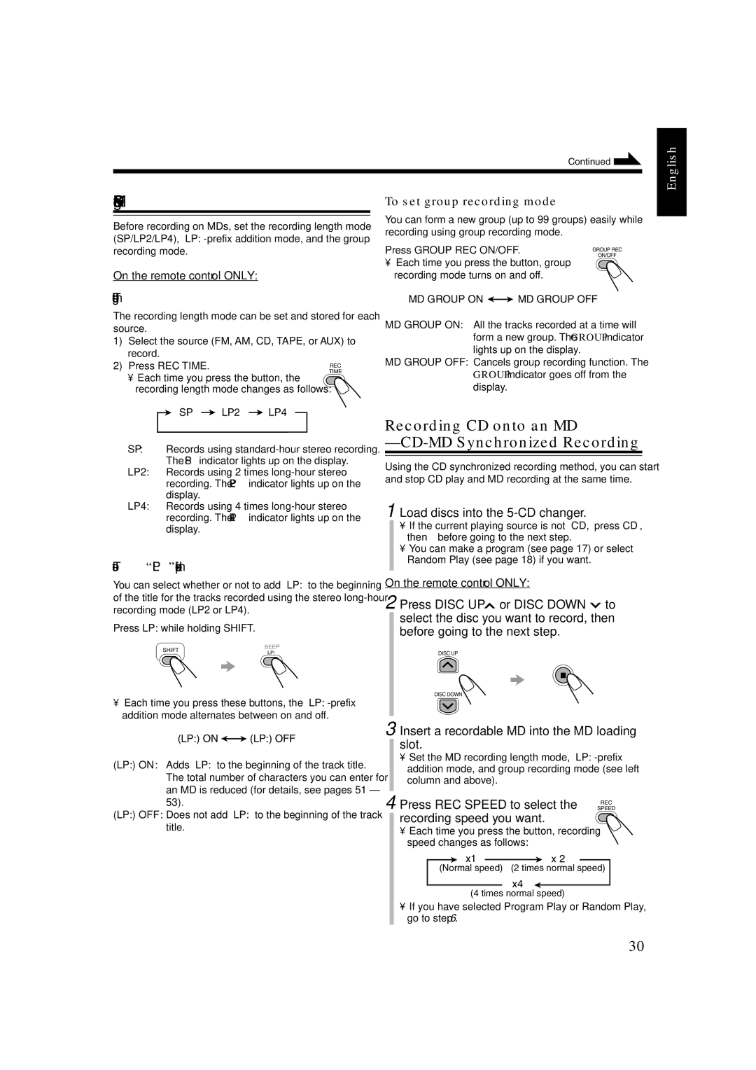 JVC CA-UXJ55MD, GVT0104-002A Setting MD Recording Modes, To set group recording mode, To set the recording length mode 