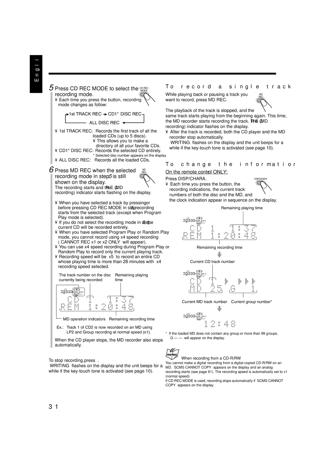 JVC GVT0104-002A, CA-UXJ55MD manual Press CD REC Mode to select the CD REC, Recording mode, Press MD REC when the selected 