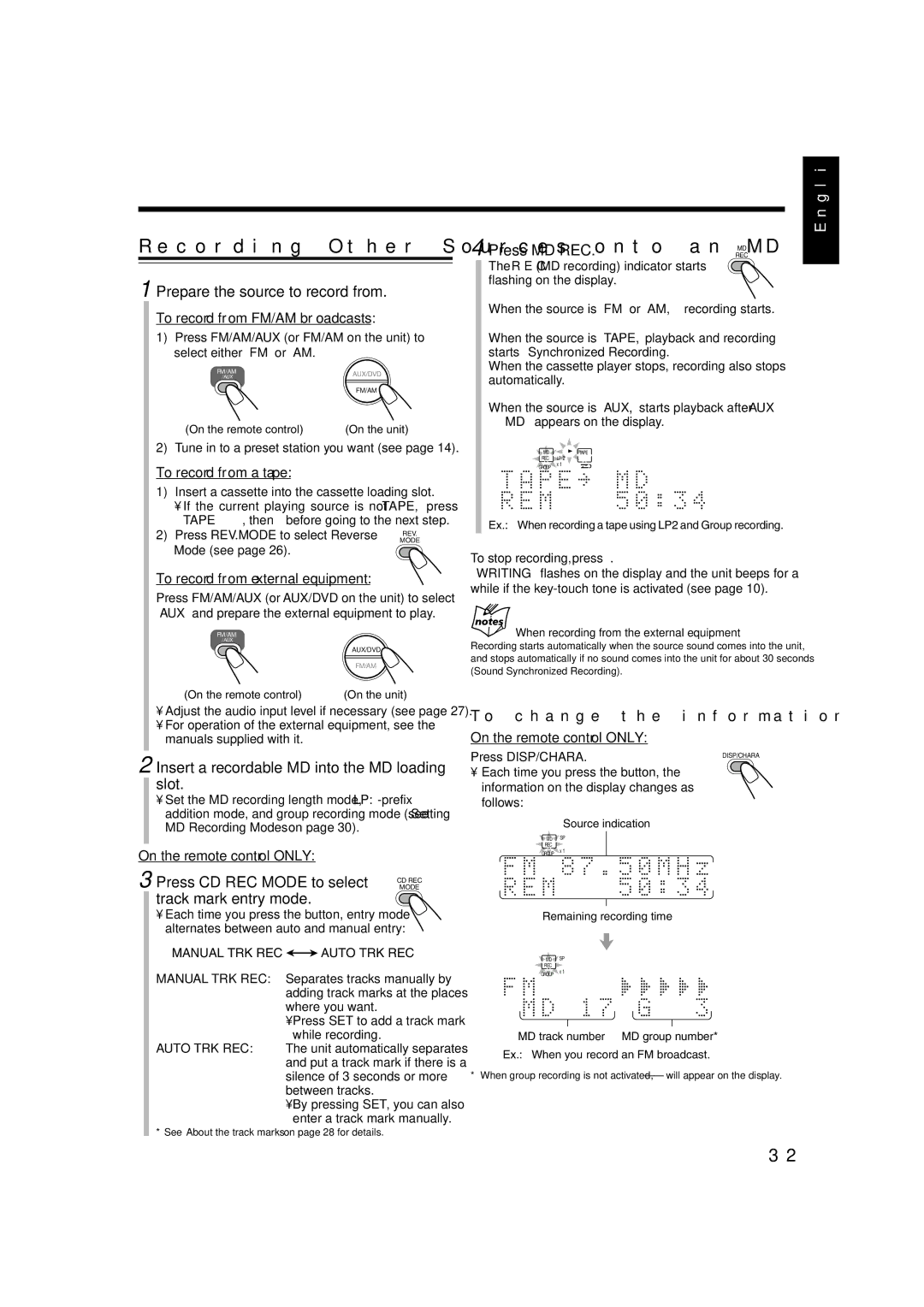 JVC 0803AIMMDWJEM Prepare the source to record from, Press MD REC, Press CD REC Mode to select, Track mark entry mode 