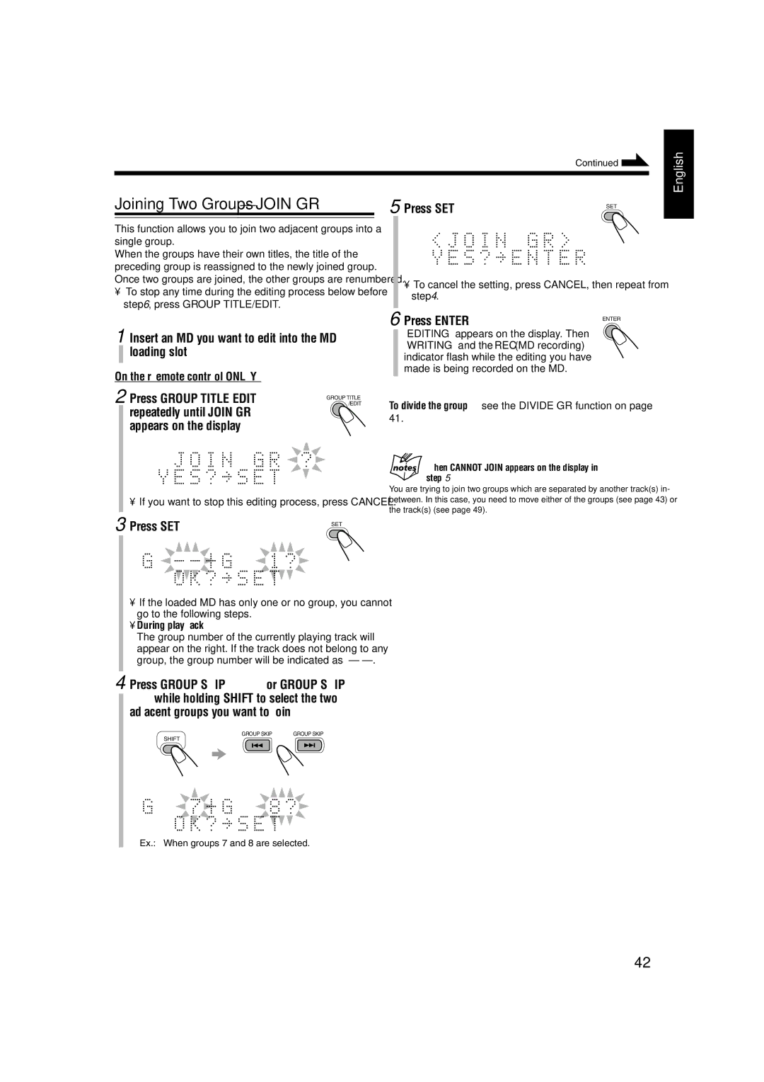 JVC CA-UXJ55MD, GVT0104-002A, 0803AIMMDWJEM Joining Two Groups-JOIN GR, Repeatedly until Join GR ? Appears on the display 