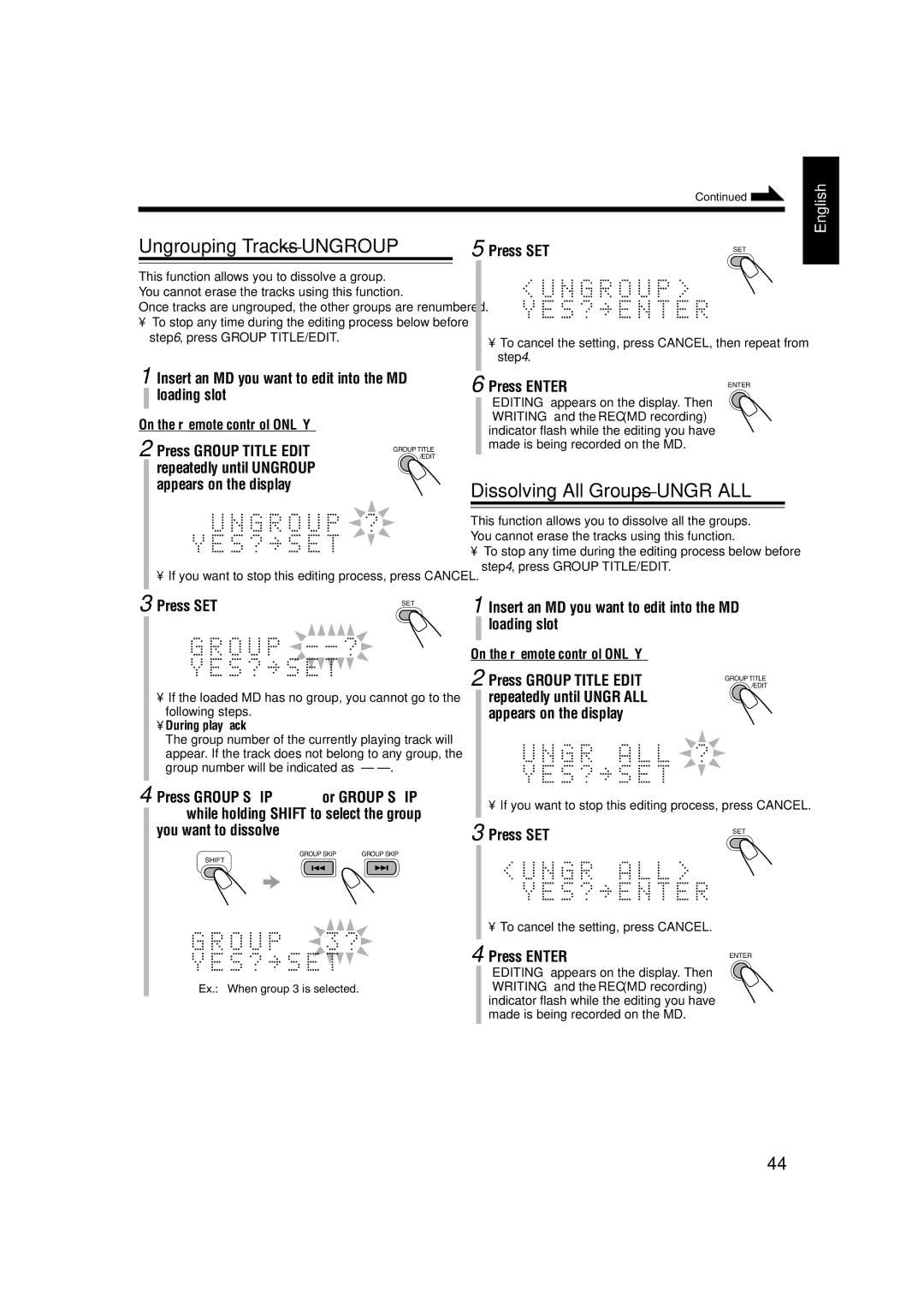 JVC 0803AIMMDWJEM manual Ungrouping Tracks-UNGROUP, Dissolving All Groups-UNGR ALL, To cancel the setting, press Cancel 