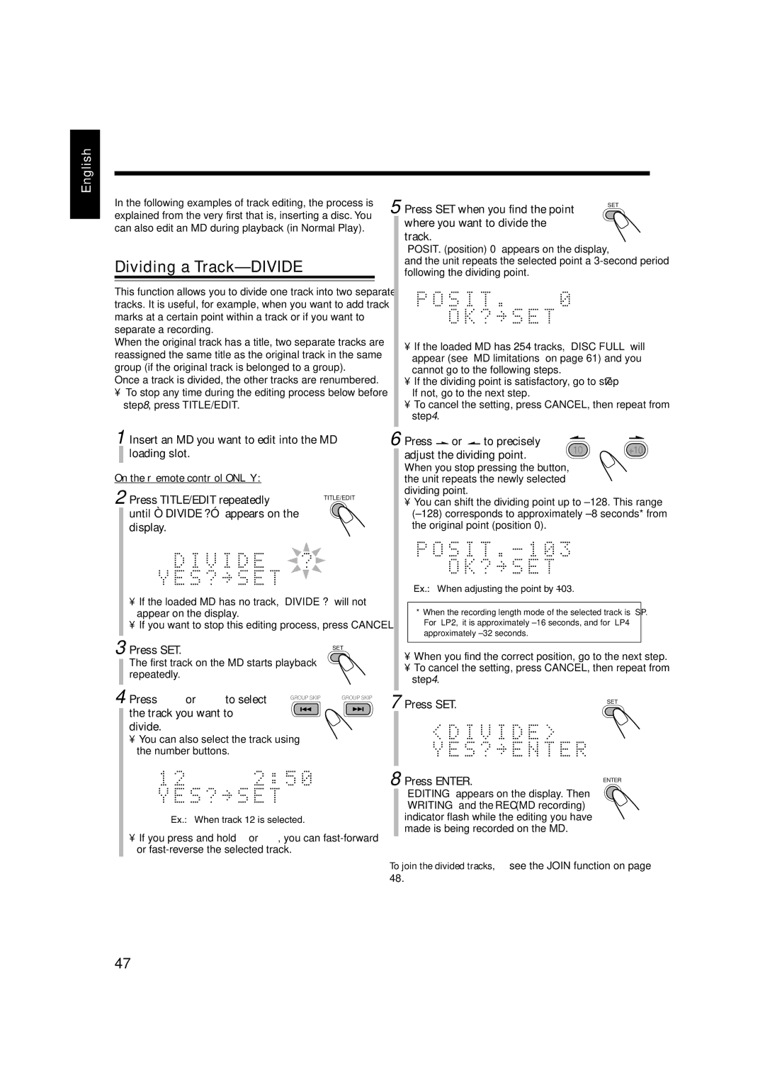 JVC 0803AIMMDWJEM, CA-UXJ55MD, GVT0104-002A manual Dividing a Track-DIVIDE 