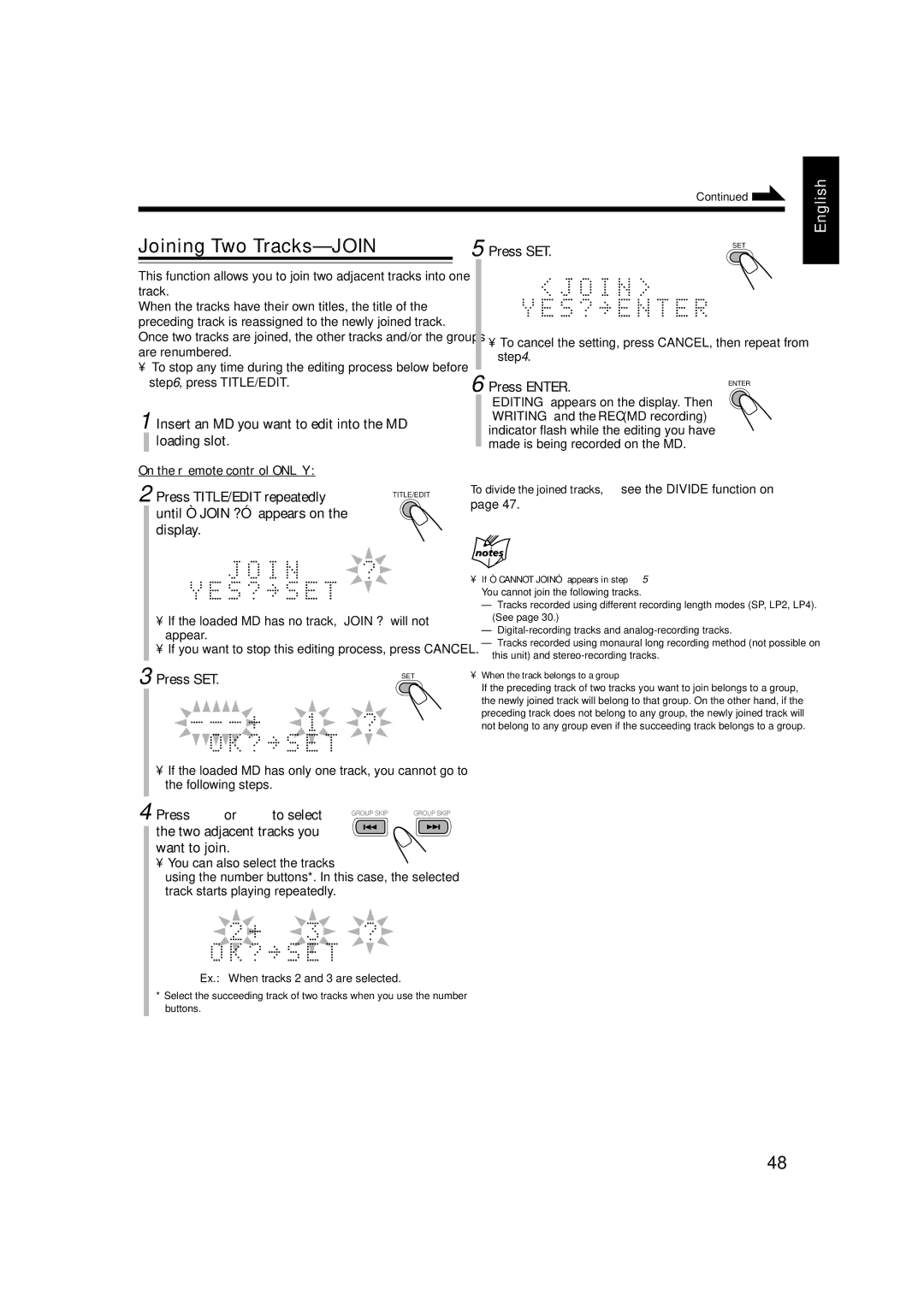 JVC CA-UXJ55MD, GVT0104-002A manual Joining Two Tracks-JOIN, Insert an MD you want to edit into the MD, Loading slot 