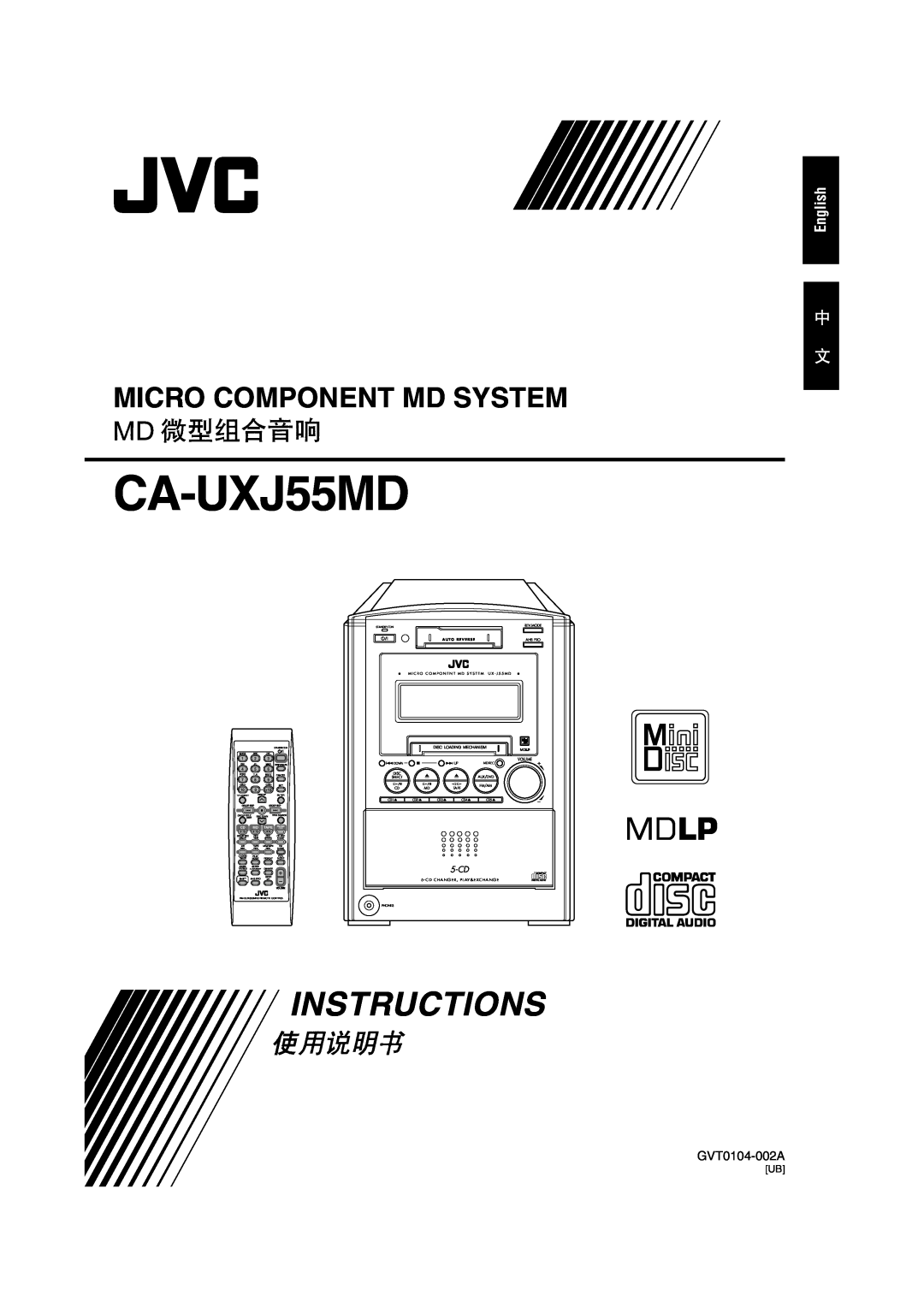 JVC GVT0104-002A manual English, CA-UXJ55MD, Instructions, Micro Component Md System, 5-CD, A U T O R E V E R S E 