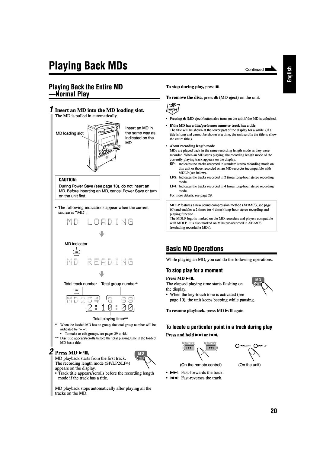 JVC 0803AIMMDWJEM Playing Back MDs, Playing Back the Entire MD -NormalPlay, Basic MD Operations, Press MD, the display 