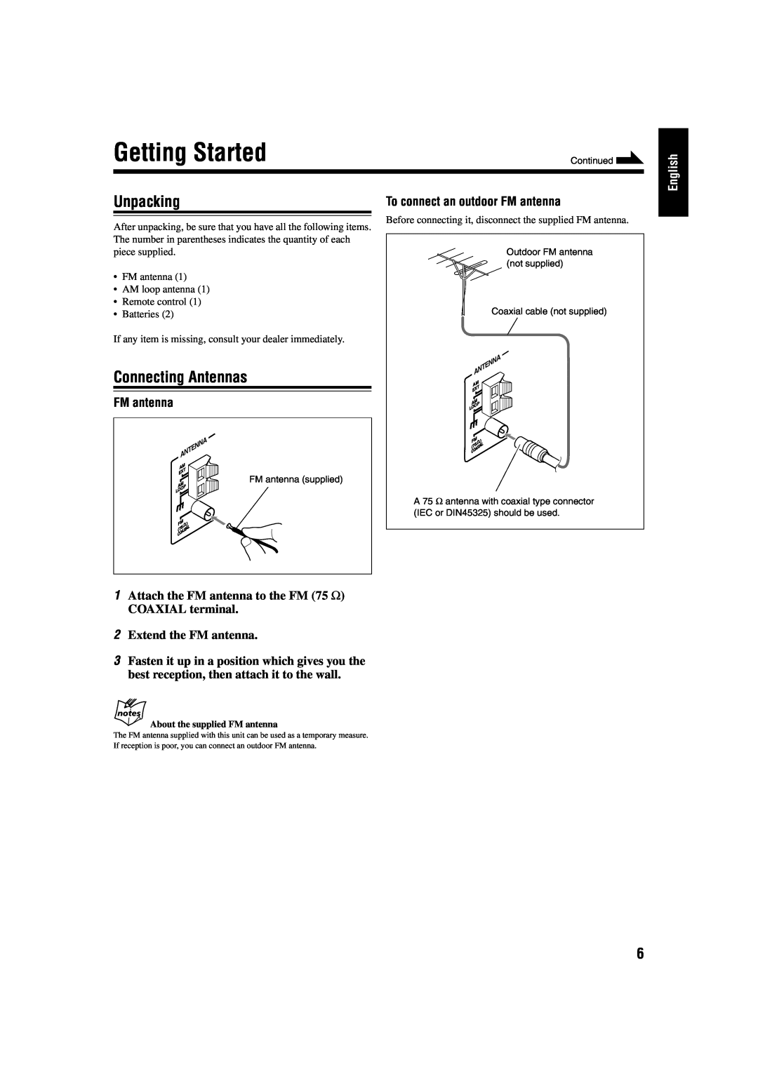 JVC CA-UXJ55MD manual Getting Started, Unpacking, Connecting Antennas, To connect an outdoor FM antenna, English 