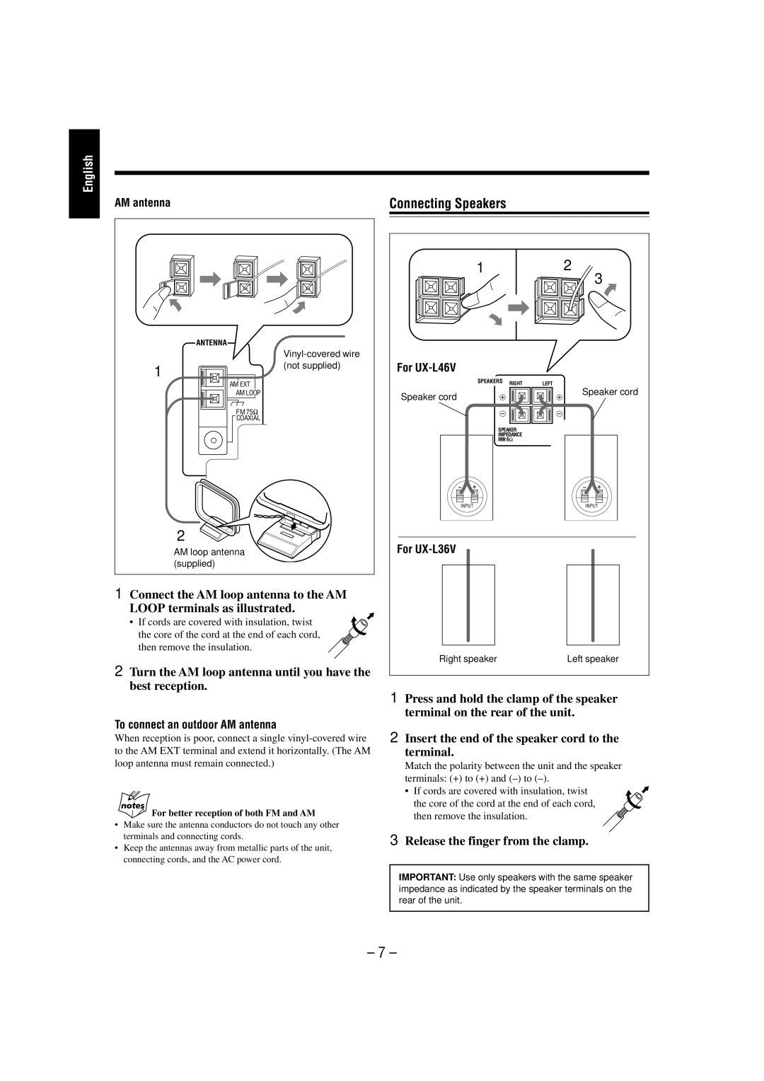 JVC UX-L46V, CA-UXL46V, UX-L36V Connecting Speakers, Turn the AM loop antenna until you have the best reception, AM antenna 