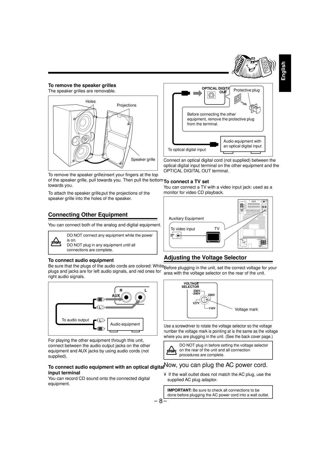 JVC GVT0095-003A, CA-UXL46V manual Connecting Other Equipment, Adjusting the Voltage Selector, To remove the speaker grilles 