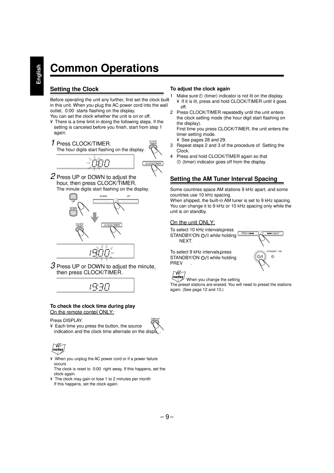 JVC UX-L36V, CA-UXL46V manual Common Operations, Setting the Clock, Setting the AM Tuner Interval Spacing, Press CLOCK/TIMER 