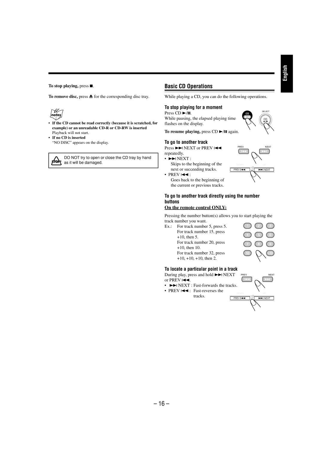 JVC UX-L36V, CA-UXL46V, CA-UXL36V, SP-UXL36V manual Basic CD Operations, To stop playing for a moment, To go to another track 