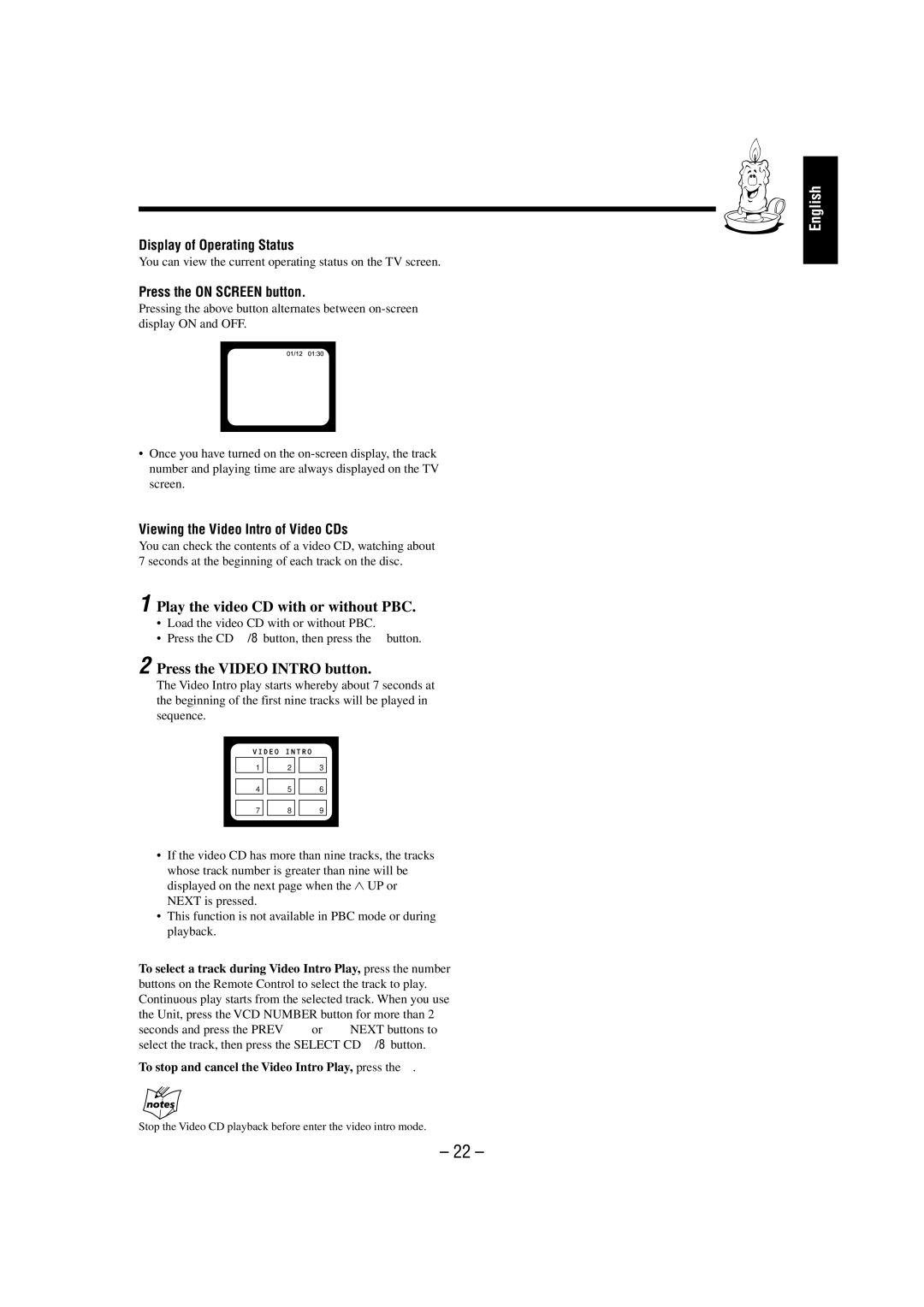 JVC GVT0095-003A, UX-L46V Play the video CD with or without PBC, Press the Video Intro button, Display of Operating Status 