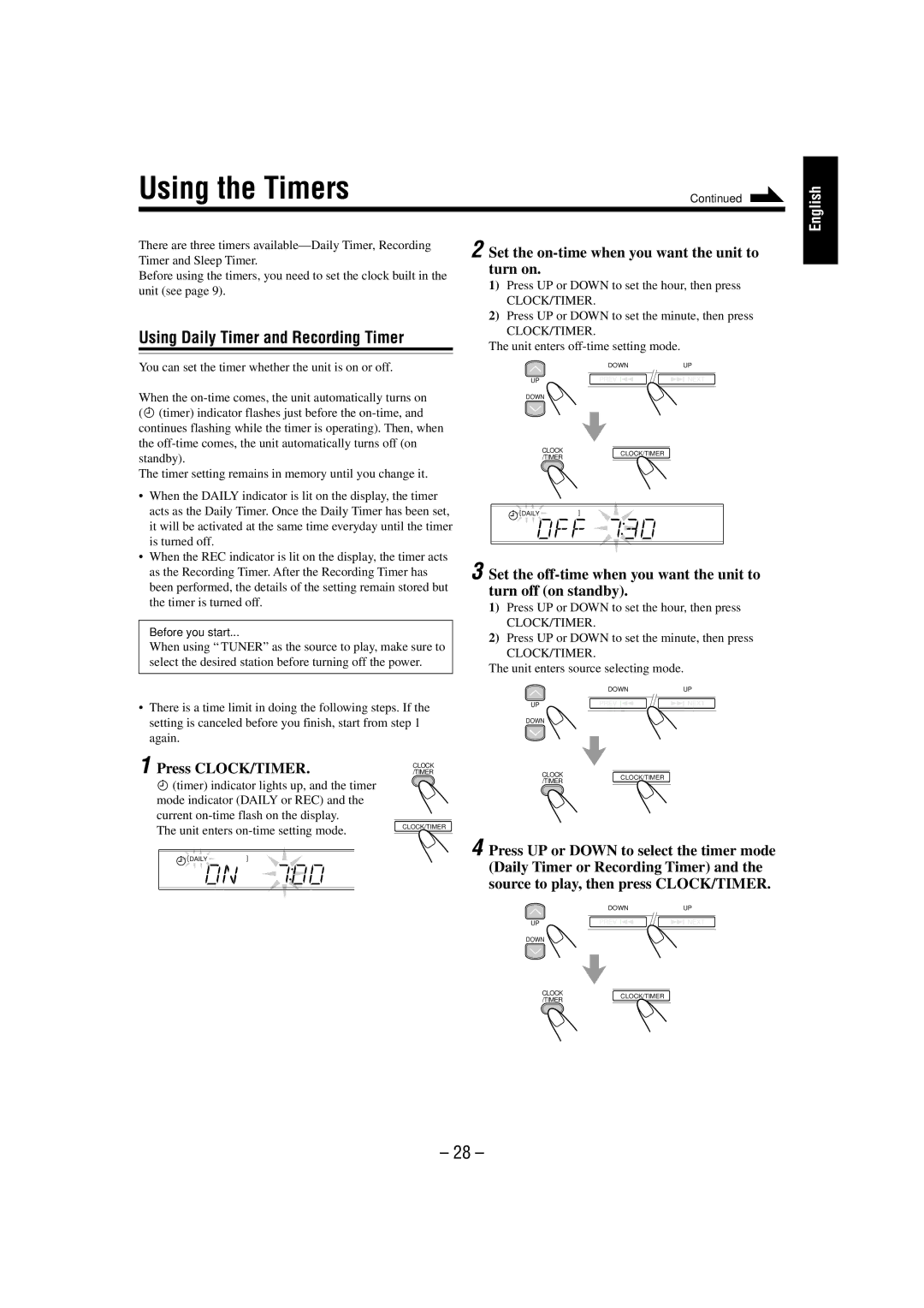 JVC UX-L46V Using the Timers, Using Daily Timer and Recording Timer, Set the on-time when you want the unit to turn on 