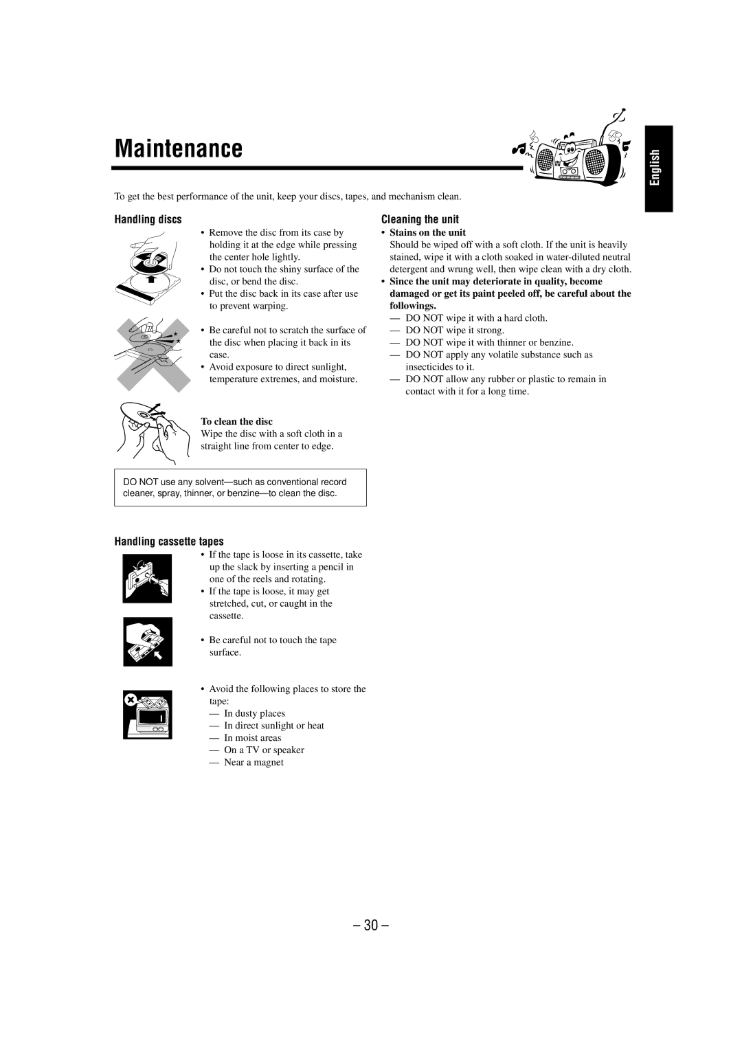 JVC UX-L36V, CA-UXL46V, CA-UXL36V, SP-UXL36V, UX-L46V Maintenance, Handling discs, Cleaning the unit, Handling cassette tapes 