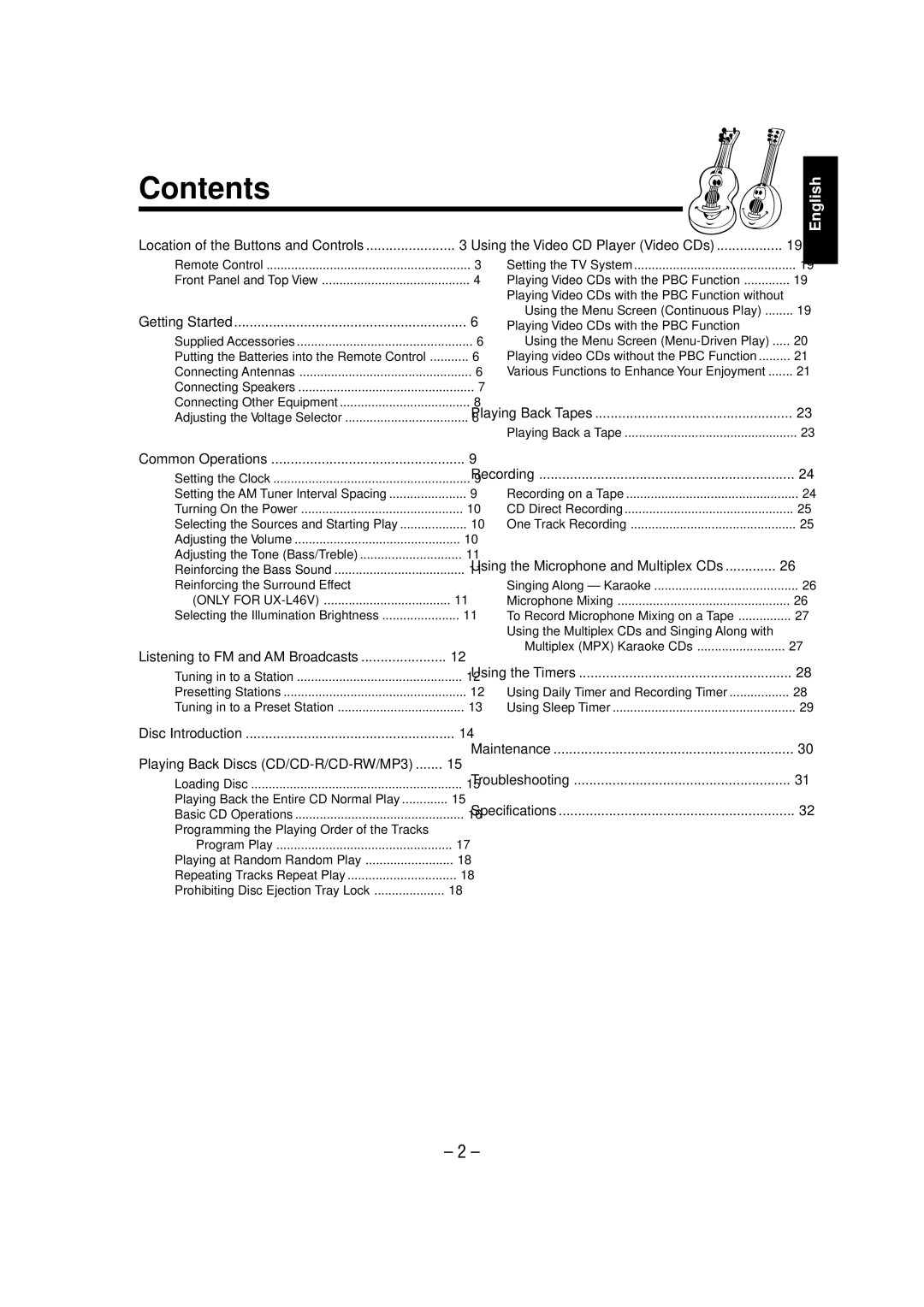 JVC UX-L36V, CA-UXL36V, SP-UXL36V, GVT0095-003A, UX-L46V-- Consists of CA-UXL46V and manual Contents 