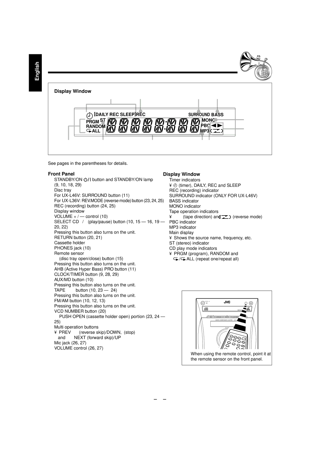 JVC CA-UXL36V, CA-UXL46V, SP-UXL36V, UX-L46V, GVT0095-003A, UX-L36V Display Window, See pages in the parentheses for details 