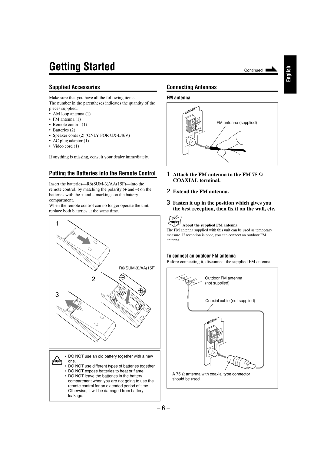 JVC SP-UXL36V, CA-UXL46V Getting Started, Supplied Accessories, Connecting Antennas, To connect an outdoor FM antenna 