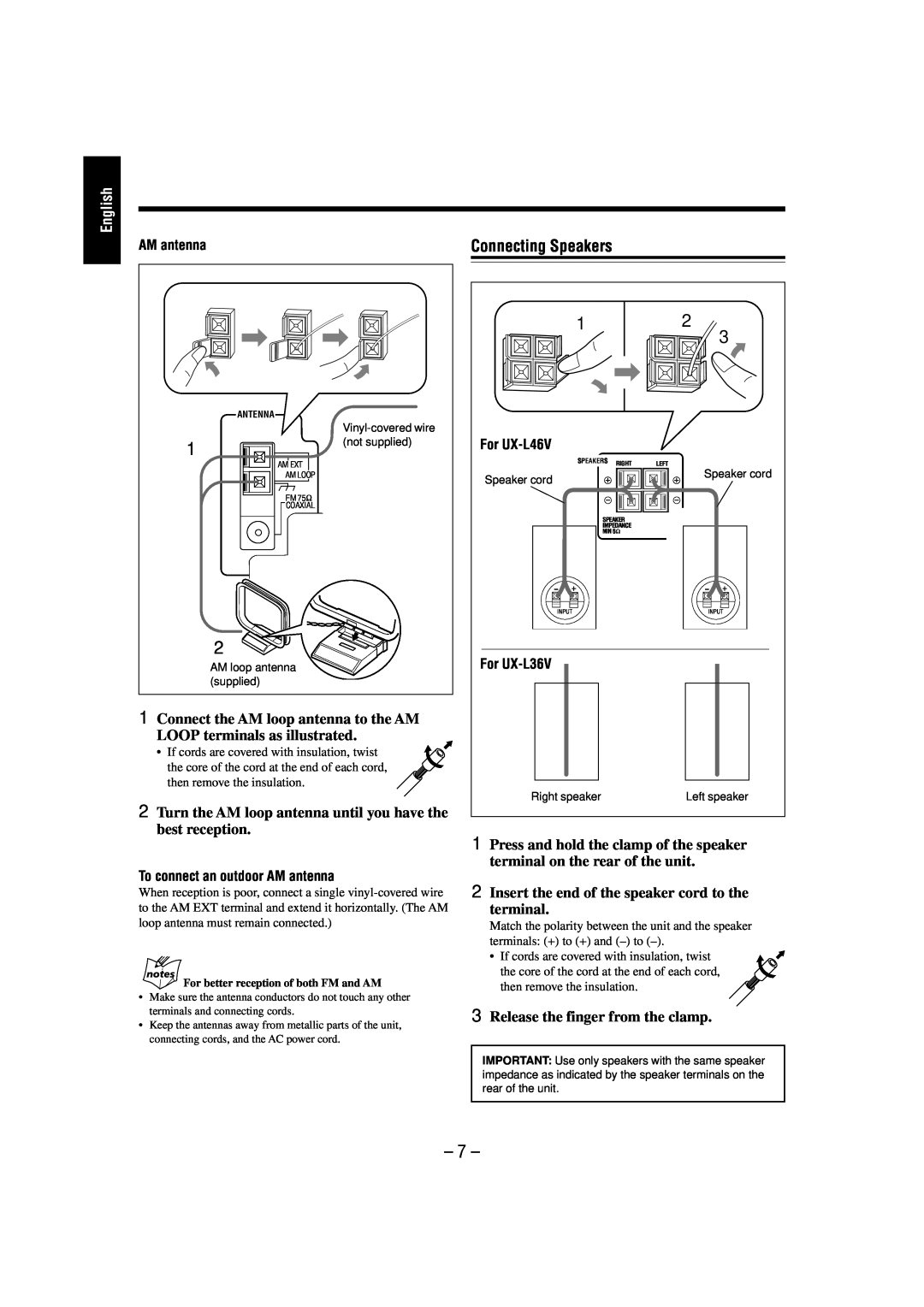 JVC UX-L46V manual Connecting Speakers, 1Connect the AM loop antenna to the AM, LOOP terminals as illustrated, AM antenna 