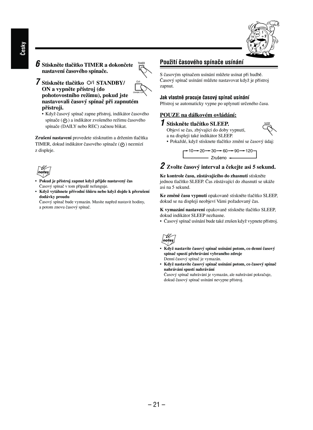 JVC SP-UXP3, CA-UXP5R, UX-P3R, UX-P5R manual PouÏití ãasového spínaãe usínání, Nastavení ãasového spínaãe, Stisknûte tlaãítko 