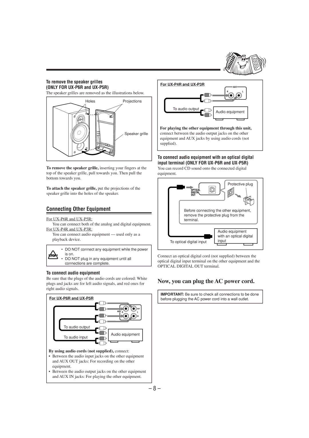 JVC UX-P6R, CA-UXP6R Connecting Other Equipment, To connect audio equipment, By using audio cords not supplied, connect 