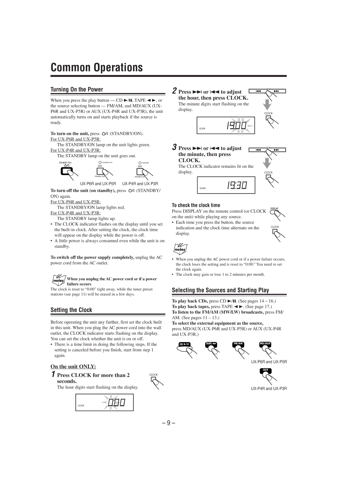 JVC CA-UXP6R, CA-UXP4R Common Operations, Turning On the Power, Setting the Clock, Selecting the Sources and Starting Play 