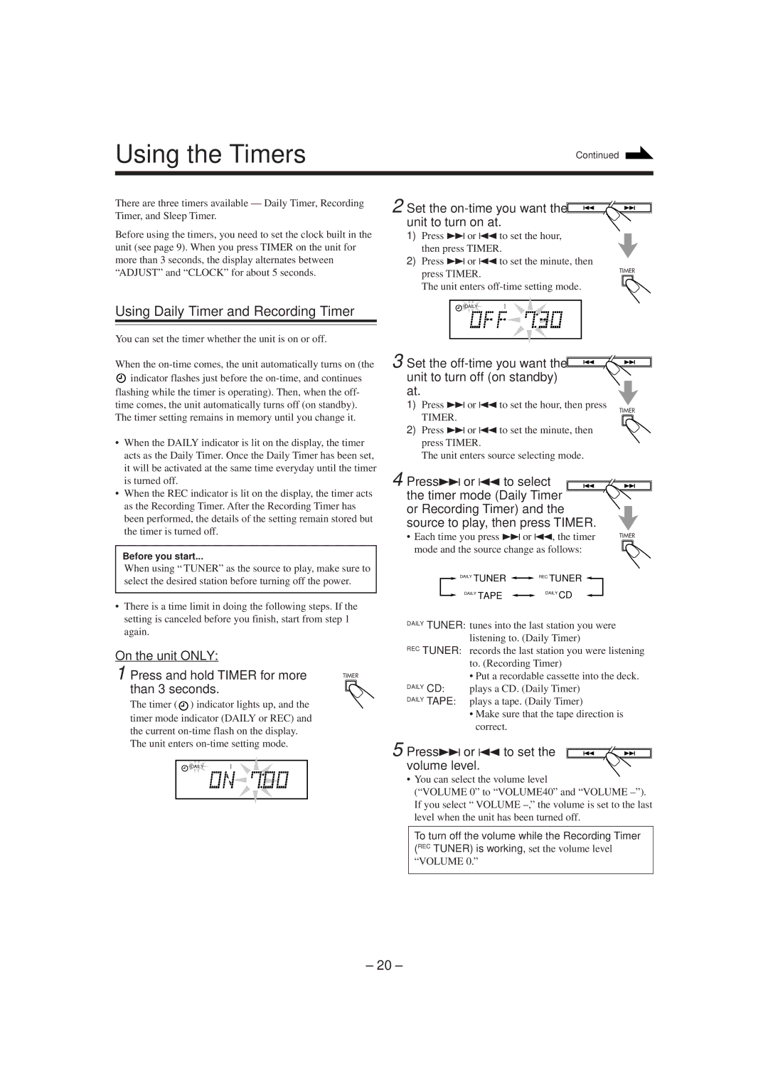 JVC UX-P6R, CA-UXP6R, CA-UXP4R, SP-UXP6, SP-UXP4, UX-P4R manual Using the Timers, Using Daily Timer and Recording Timer 