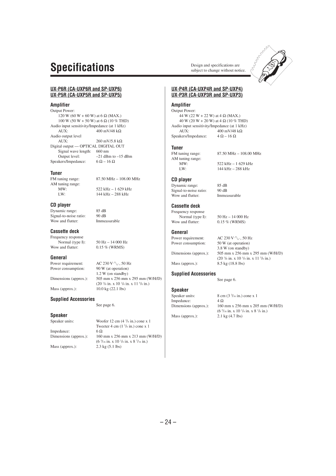 JVC SP-UXP4, CA-UXP6R, CA-UXP4R, SP-UXP6, UX-P4R, UX-P6R manual Specifications 