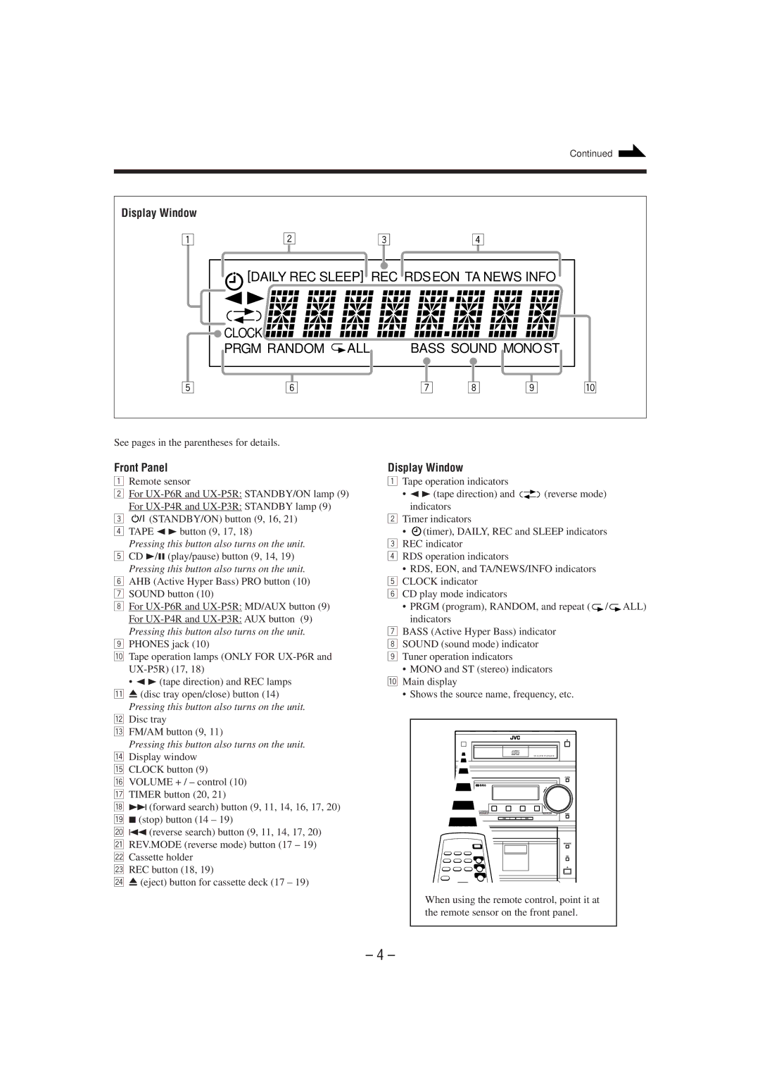 JVC CA-UXP4R, CA-UXP6R, SP-UXP6, SP-UXP4, UX-P4R, UX-P6R manual Display Window, Pressing this button also turns on the unit 