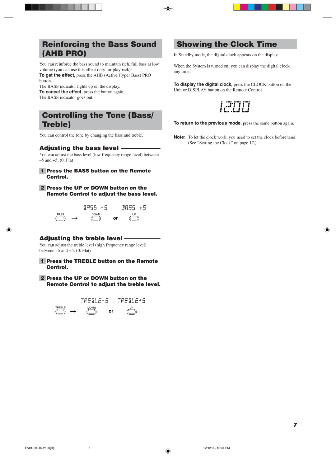 JVC UX-V100, CA-UXV100 manual Reinforcing the Bass Sound AHB PRO, Controlling the Tone Bass/ Treble, Showing the Clock Time 