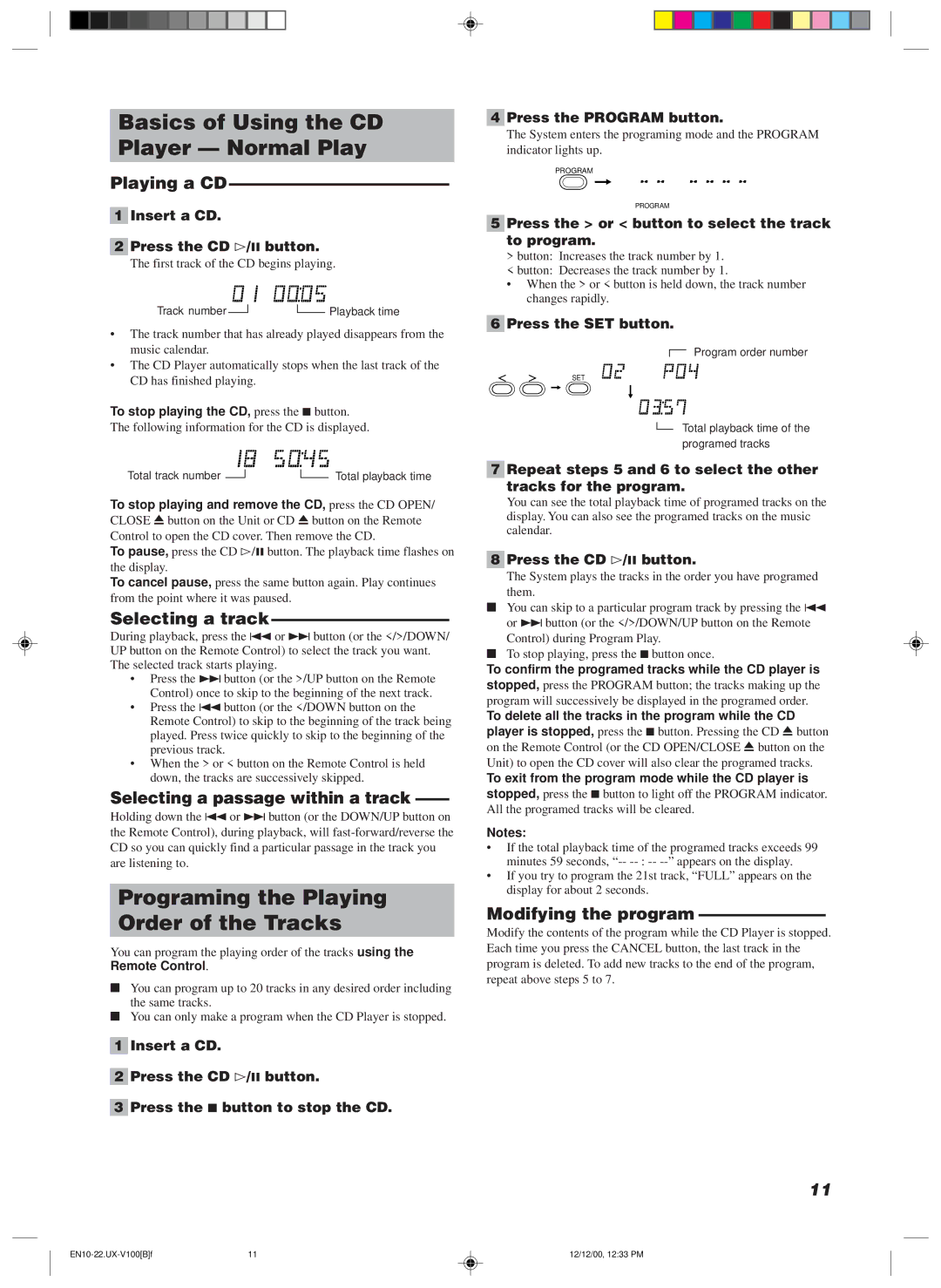 JVC CA-UXV100, SP-UXV100, UX-V100 Basics of Using the CD Player Normal Play, Programing the Playing Order of the Tracks 