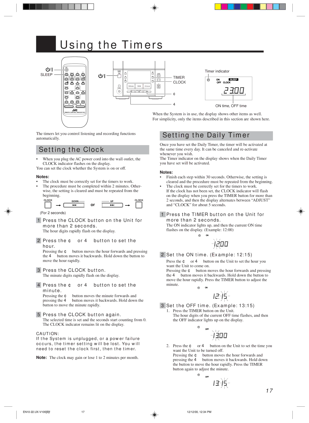 JVC CA-UXV100, SP-UXV100, UX-V100 manual Using the Timers, Setting the Daily Timer, Setting the Clock 