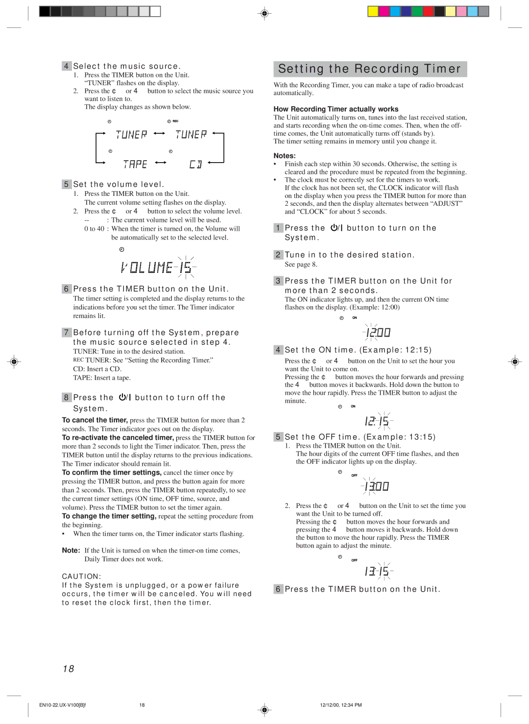 JVC SP-UXV100, CA-UXV100, UX-V100 manual Setting the Recording Timer 