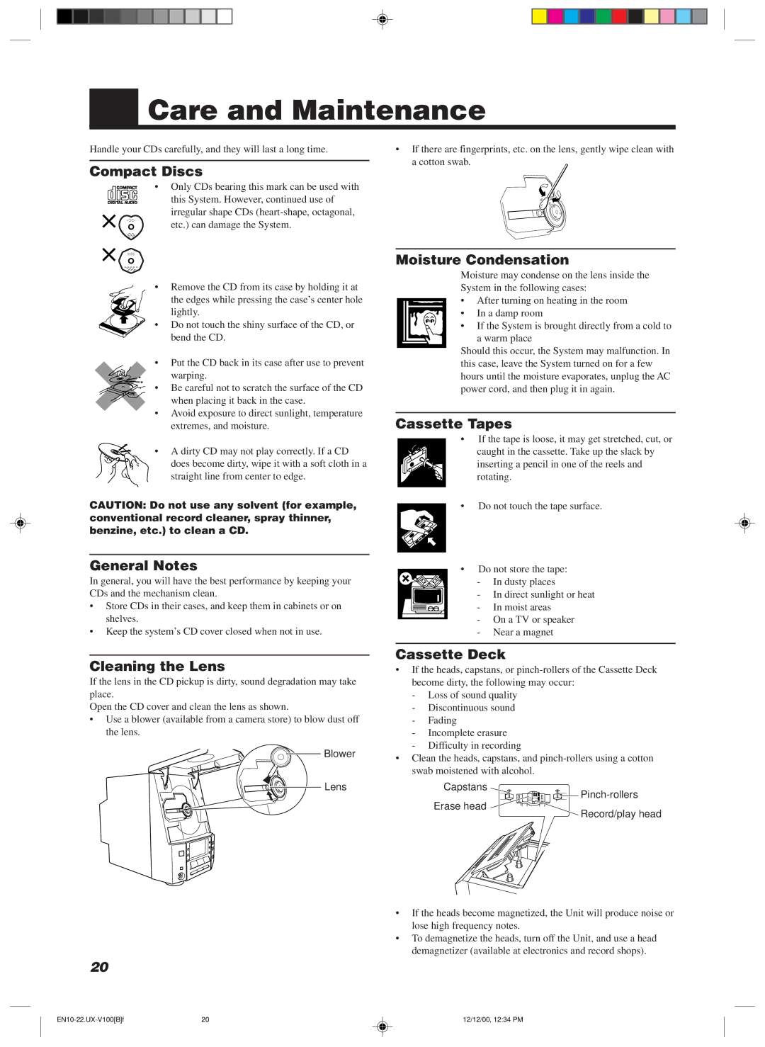 JVC CA-UXV100, SP-UXV100, UX-V100 manual Care and Maintenance 