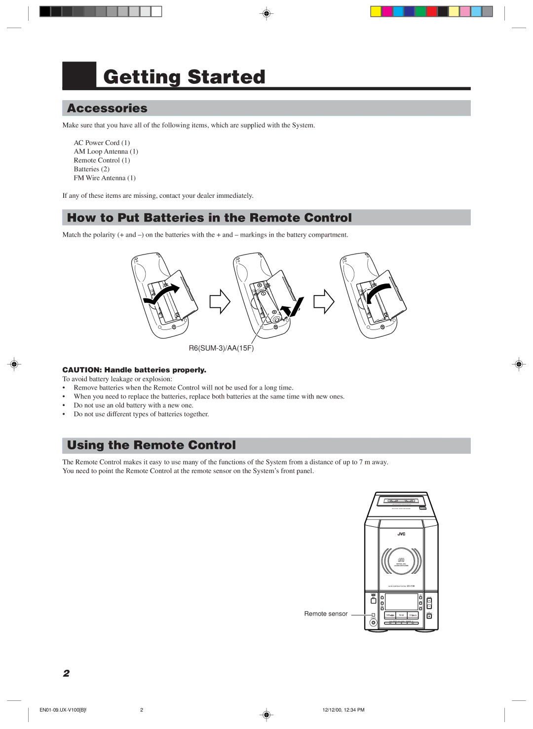 JVC CA-UXV100, UX-V100 Getting Started, Accessories, How to Put Batteries in the Remote Control, Using the Remote Control 