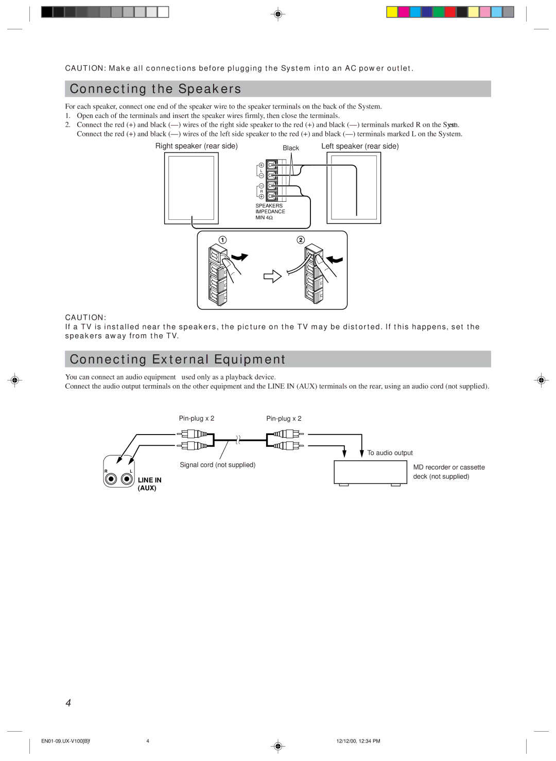 JVC UX-V100, CA-UXV100, SP-UXV100 manual Connecting the Speakers, Connecting External Equipment, Line in AUX 