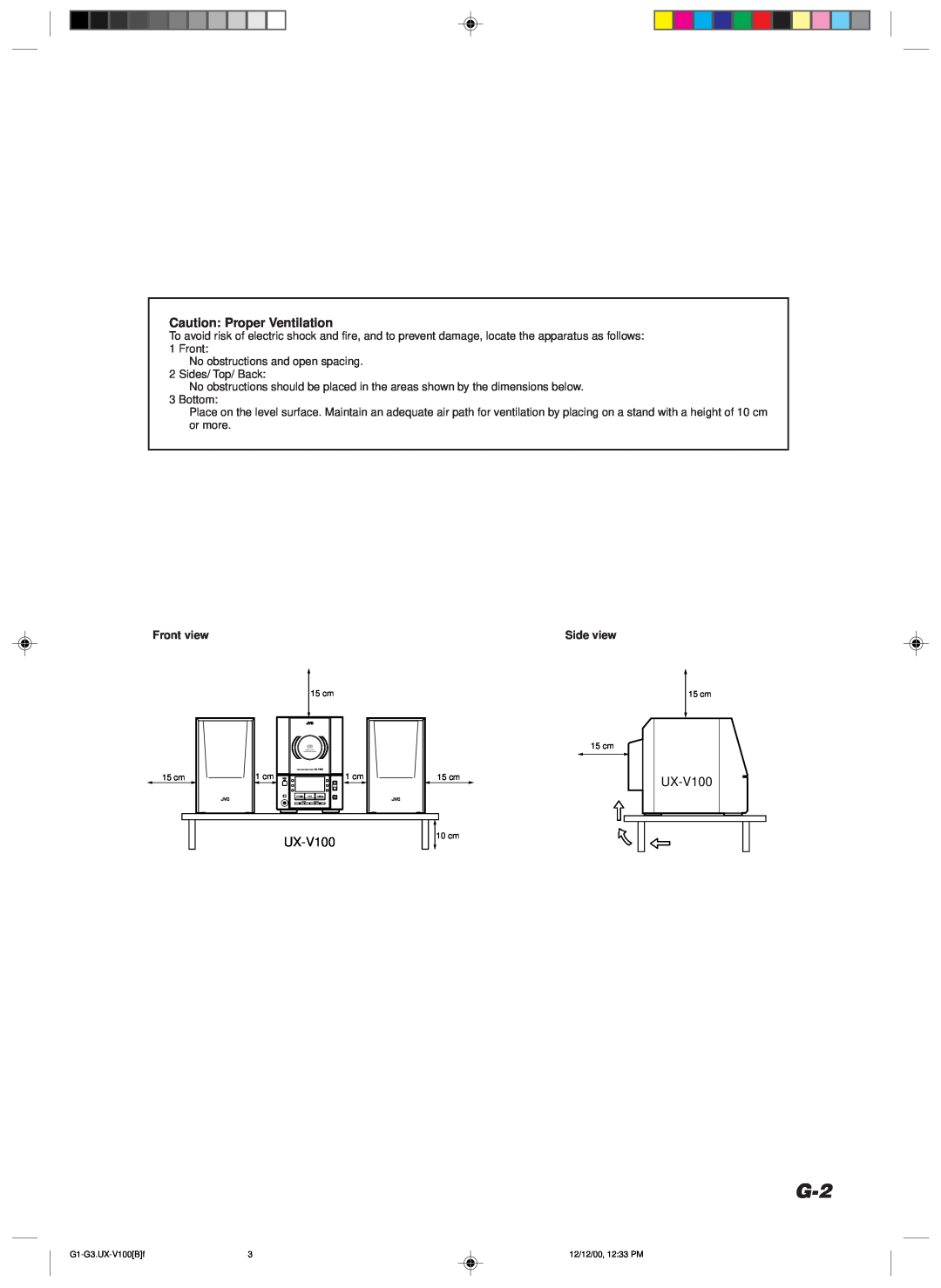 JVC CA-UXV100, SP-UXV100, UX-V100 manual Caution Proper Ventilation, Front view, Side view 
