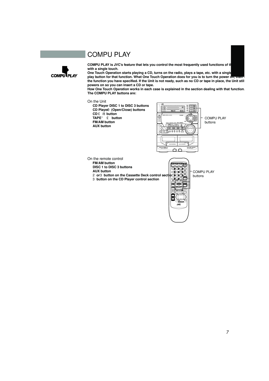 JVC MX-V608T, CA-V688T, CA-V908T, CA-V608T, MX-V688T manual On the Unit, On the remote control, Buttons, Compu Play buttons 