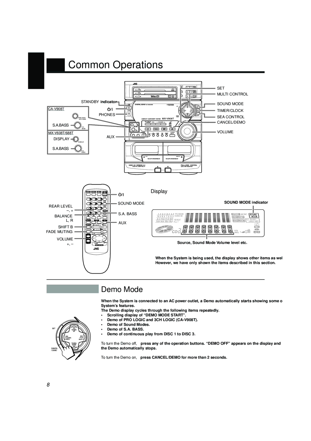 JVC SP-V608, CA-V688T, CA-V908T, CA-V608T, MX-V688T, MX-V608T, SP-V688 manual Common Operations, Demo Mode, Display 