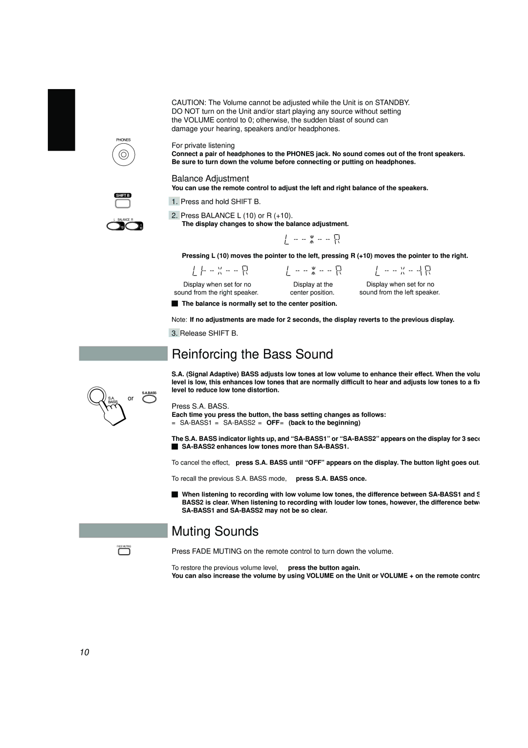 JVC CA-V688T, CA-V908T, CA-V608T, MX-V688T, MX-V608T, SP-V608 Reinforcing the Bass Sound, Muting Sounds, Balance Adjustment 