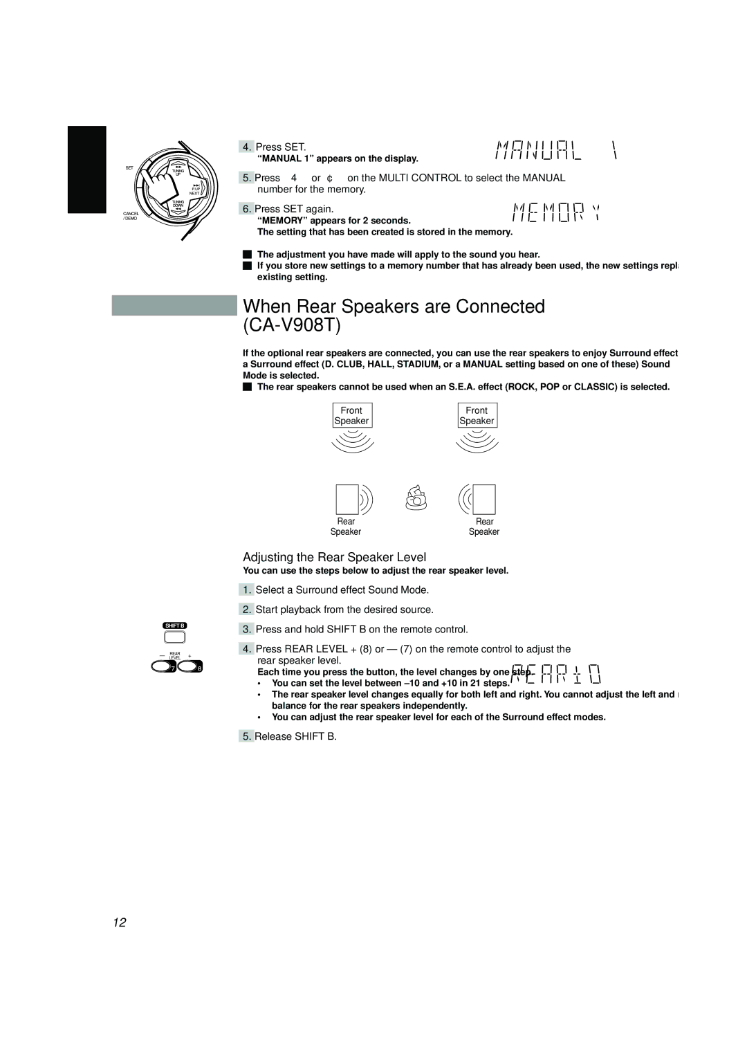 JVC CA-V608T, CA-V688T, MX-V688T, SP-V608 When Rear Speakers are Connected CA-V908T, Adjusting the Rear Speaker Level, Front 