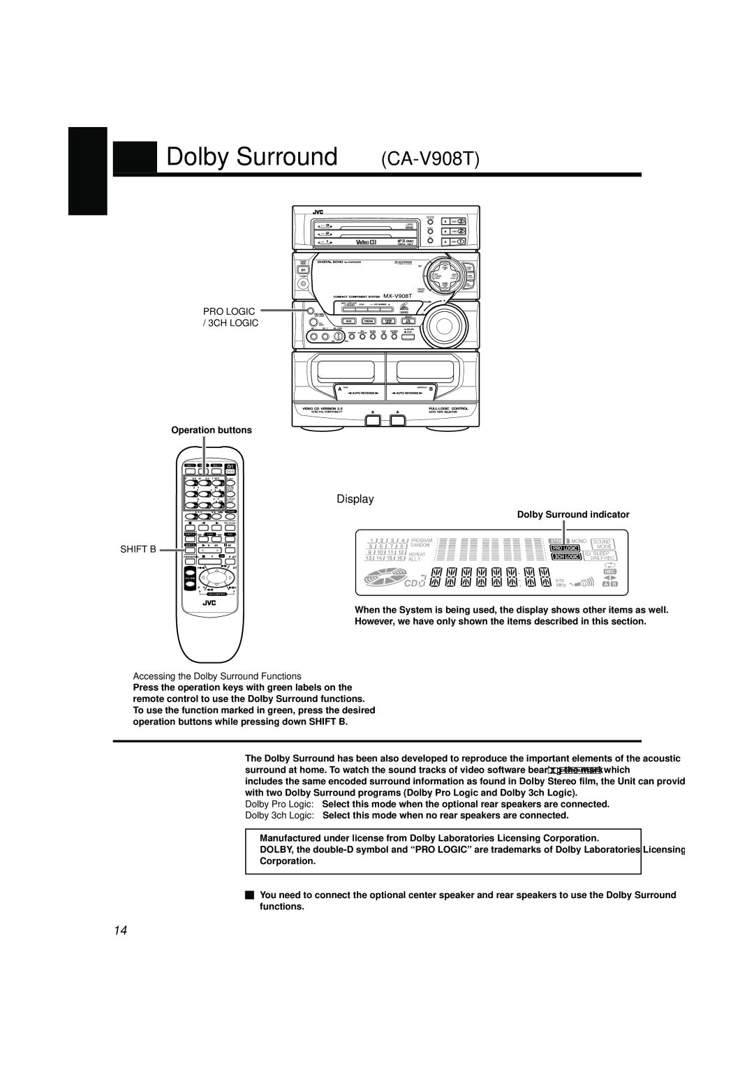 JVC MX-V608T, CA-V688T Dolby Surround CA-V908T, PRO Logic / 3CH Logic, Shift B, Accessing the Dolby Surround Functions 