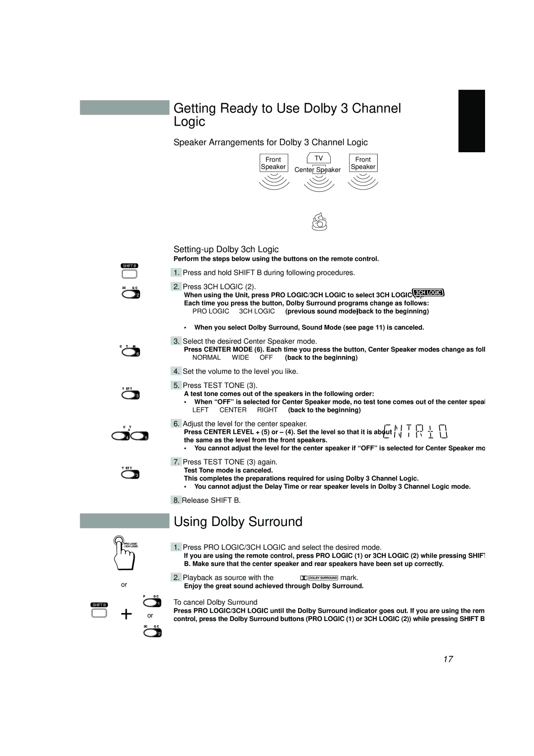 JVC CA-V688T, CA-V908T, CA-V608T Getting Ready to Use Dolby 3 Channel, Using Dolby Surround, Setting-up Dolby 3ch Logic 