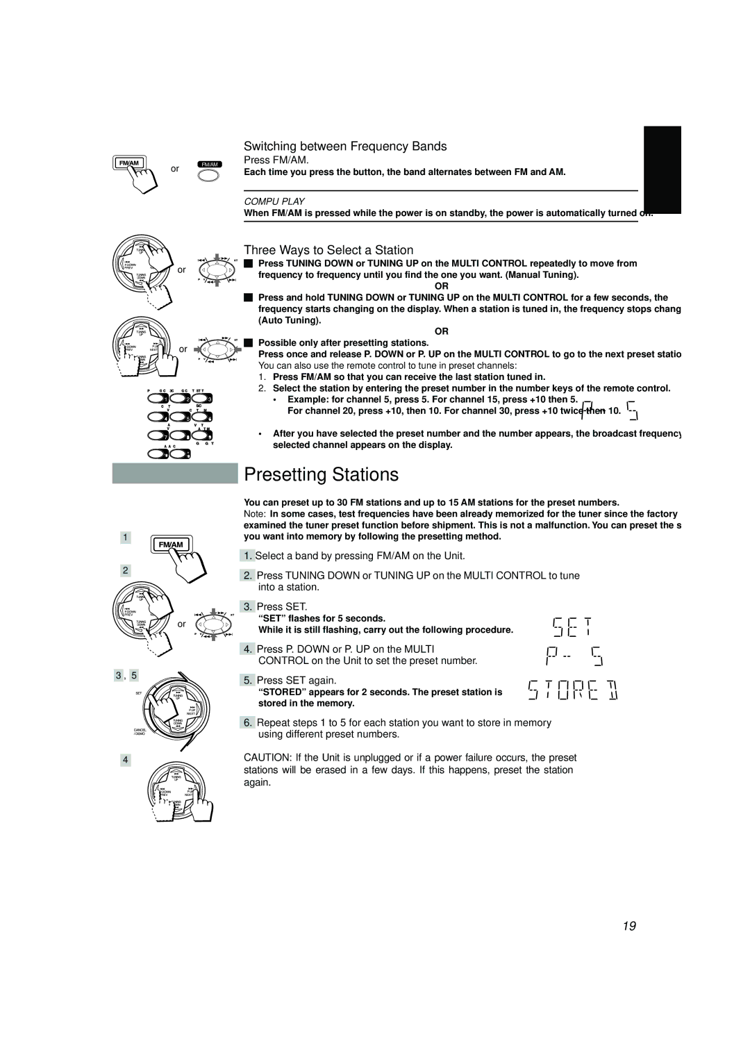 JVC CA-V608T, CA-V688T, CA-V908T Presetting Stations, Switching between Frequency Bands, Three Ways to Select a Station 