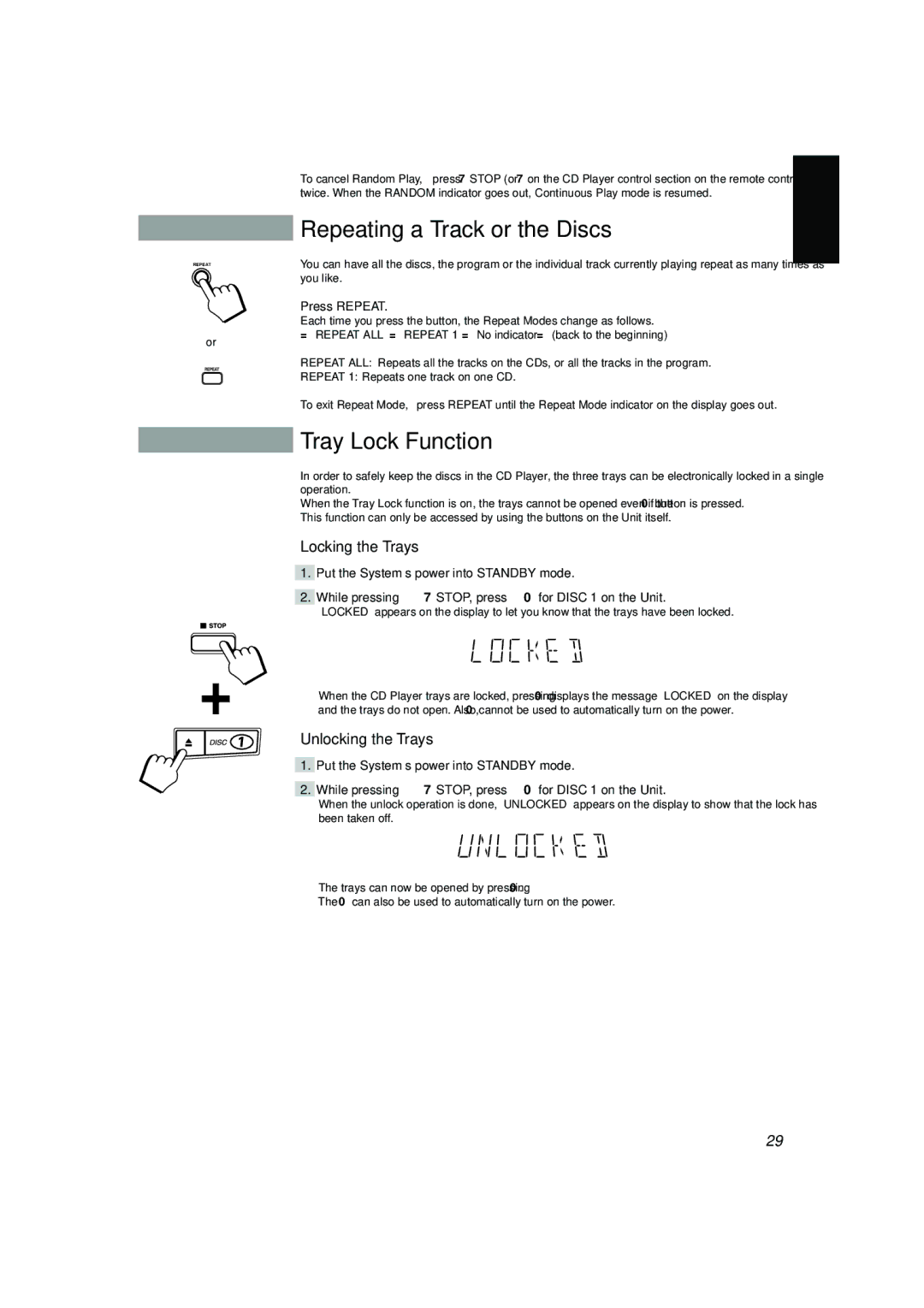 JVC SP-V608 manual Repeating a Track or the Discs, Tray Lock Function, Locking the Trays, Unlocking the Trays, Press Repeat 