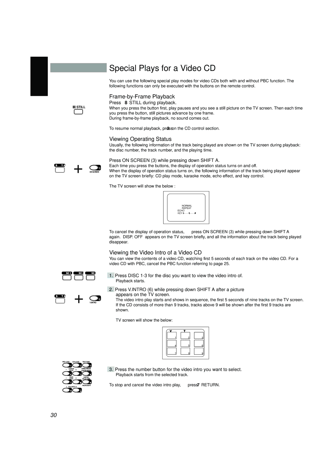 JVC SP-V688, CA-V688T, CA-V908T, CA-V608T Special Plays for a Video CD, Frame-by-Frame Playback, Viewing Operating Status 