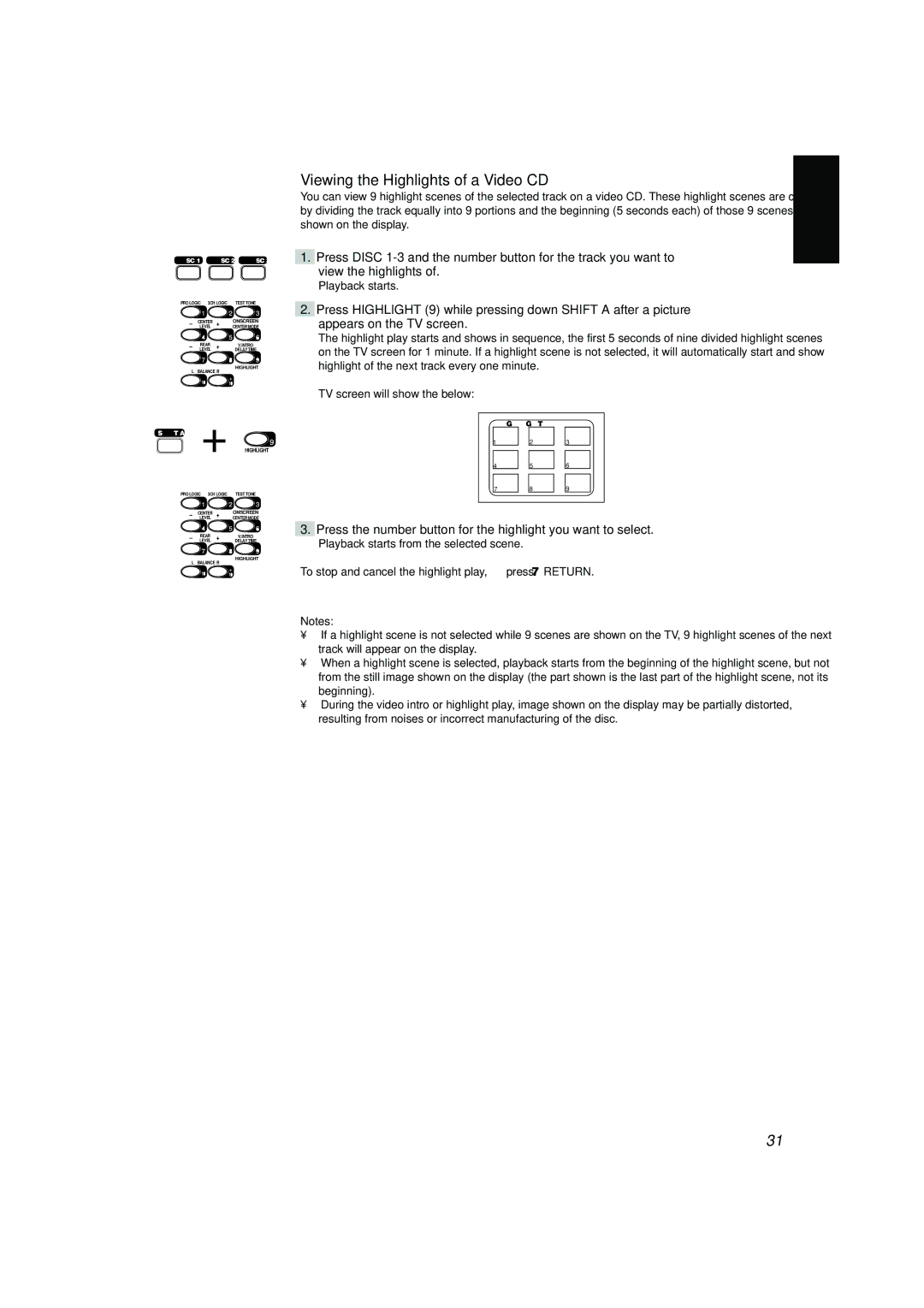 JVC CA-V688T, CA-V908T, CA-V608T Viewing the Highlights of a Video CD, To stop and cancel the highlight play, press 7RETURN 