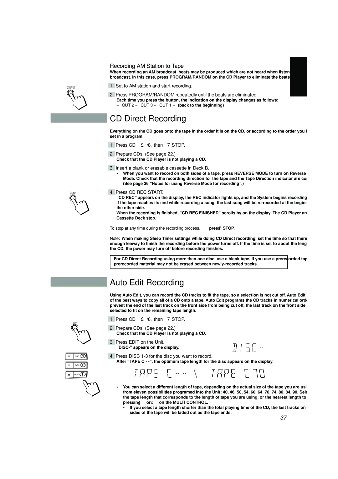 JVC SP-V688, CA-V688T, CA-V908T, CA-V608T, MX-V688T CD Direct Recording, Auto Edit Recording, Recording AM Station to Tape 