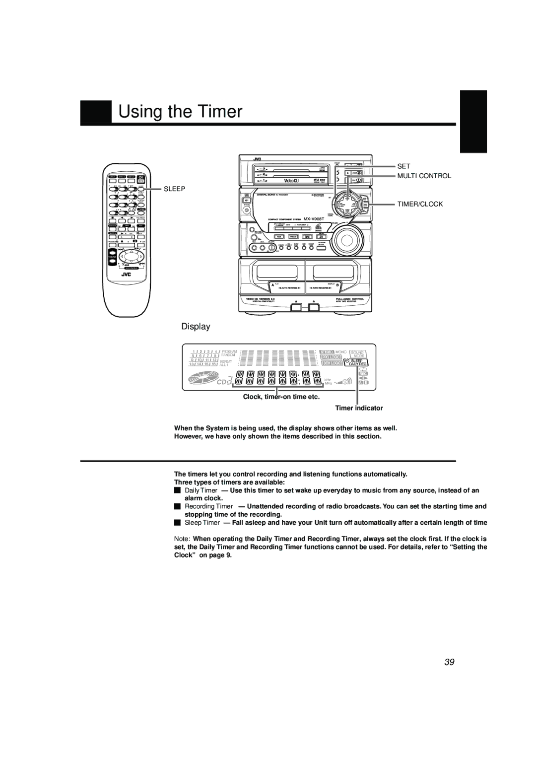 JVC CA-V908T, CA-V688T, CA-V608T, MX-V688T, MX-V608T, SP-V608, SP-V688 manual Using the Timer, Sleep, Timer/Clock 