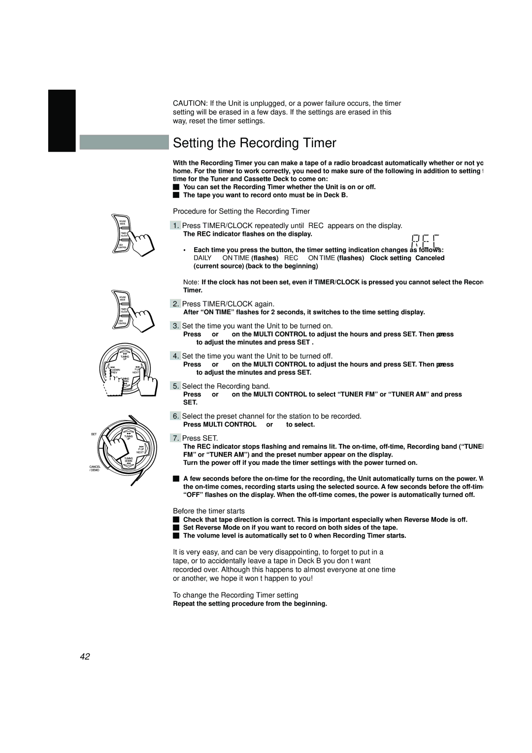 JVC MX-V608T, CA-V688T, CA-V908T, CA-V608T, MX-V688T, SP-V608, SP-V688 manual Setting the Recording Timer 