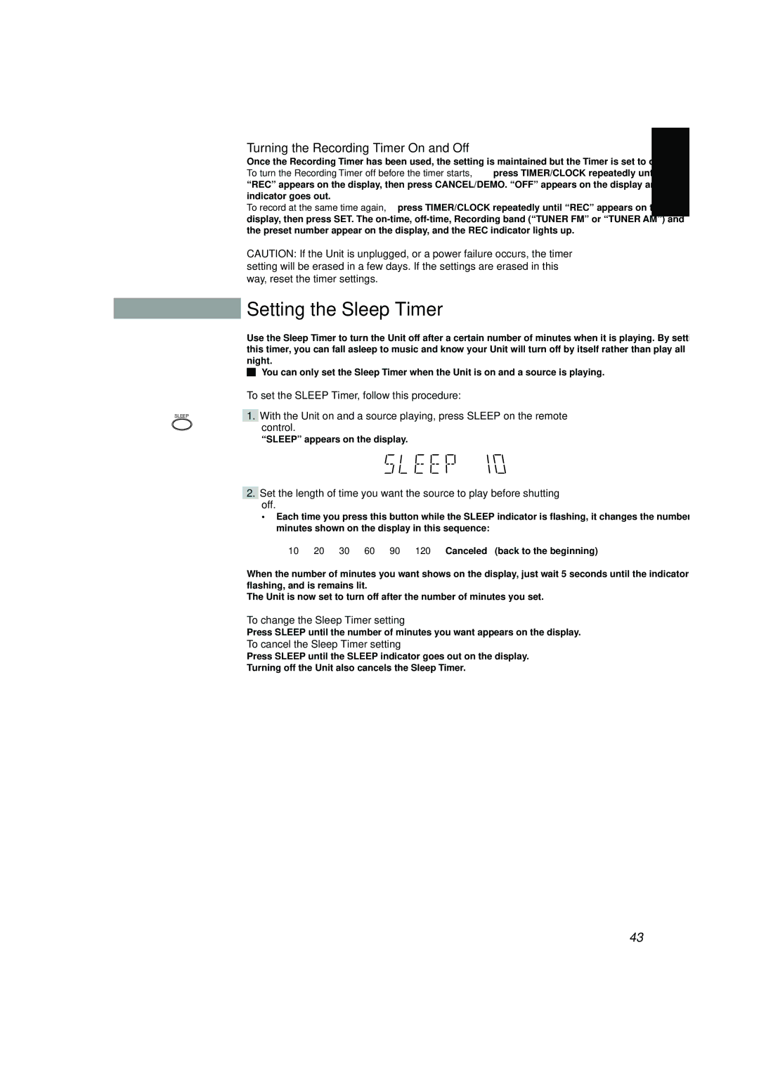 JVC SP-V608, CA-V688T Setting the Sleep Timer, Turning the Recording Timer On and Off, To change the Sleep Timer setting 